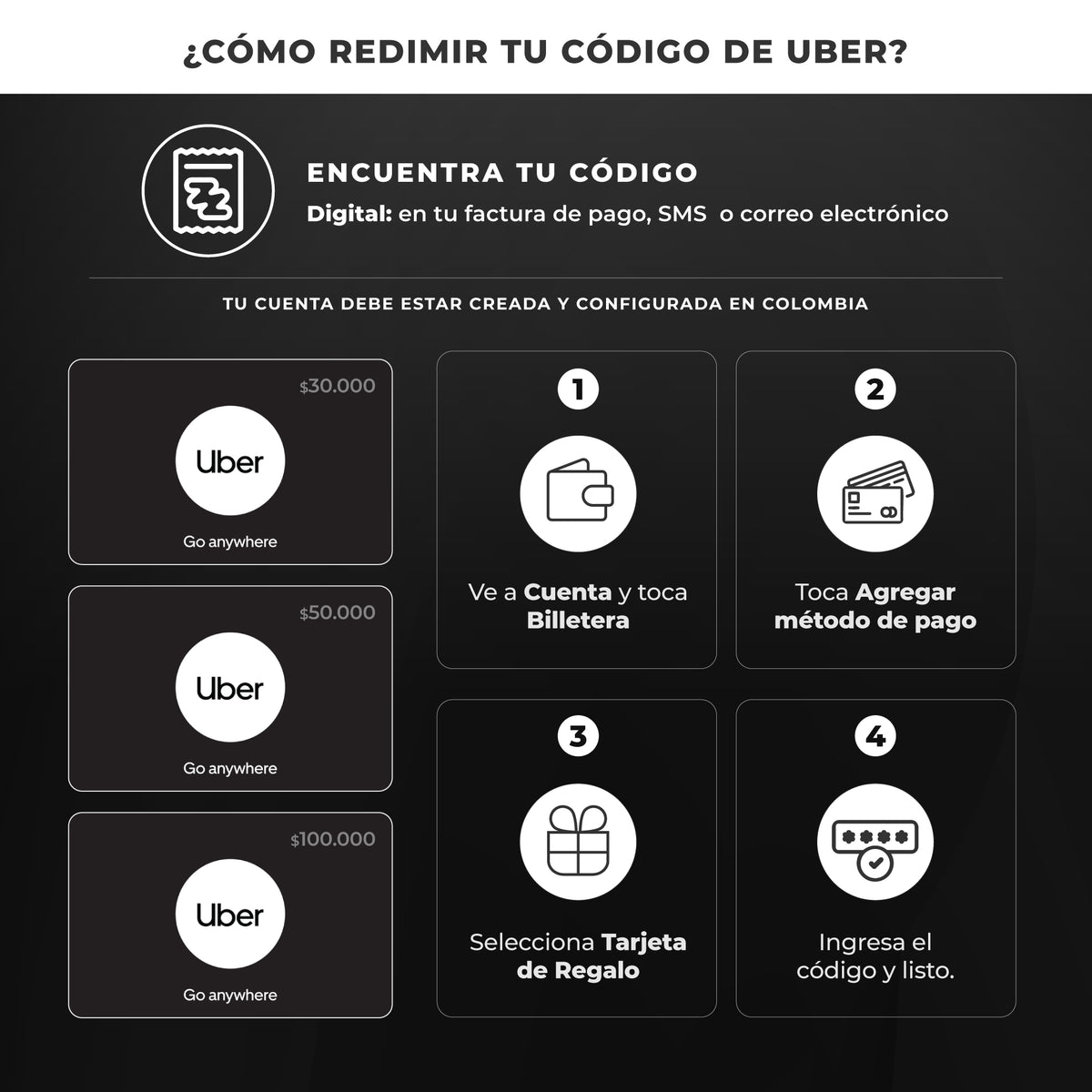 Uber ギフトカード $30.000 コロンビア向けコード