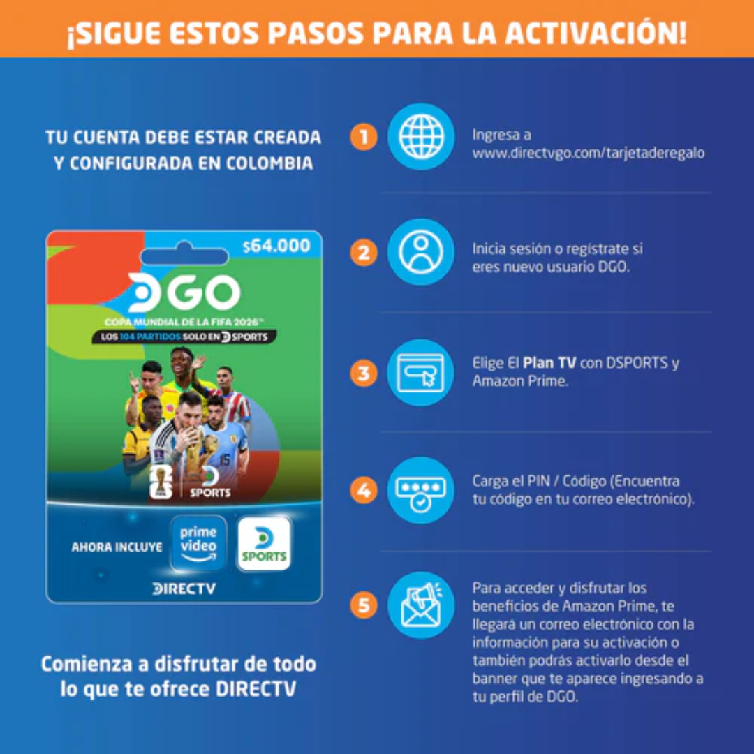 Carte DIRECTV GO 64.000 – TV en direct, sports, films et séries à la demande